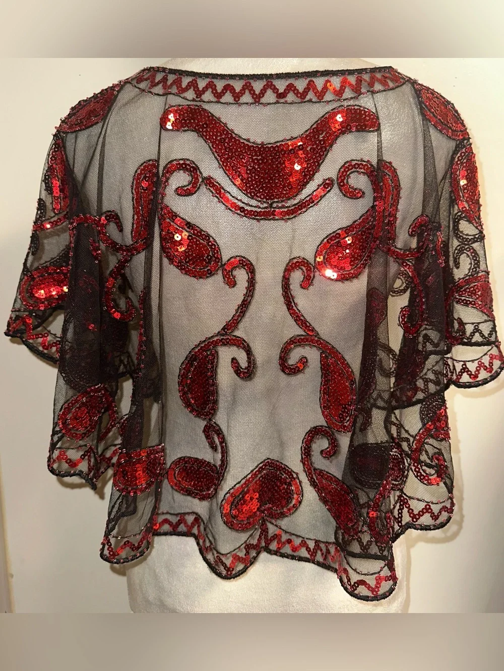 Vintage-Inspired Black Mesh & Red Sequin Shawl